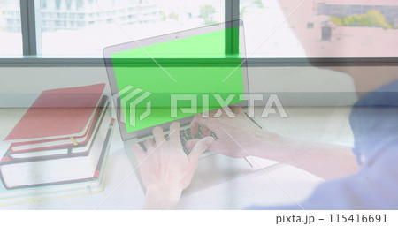 Image of hands using laptop with green screen over colleagues walking in modern building Image of hands using laptop with green screen over colleagues walking in modern building 115416691