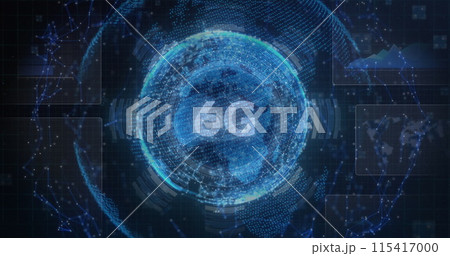 Image of 6g text and glowing interface over globe of network connections on black background 115417000
