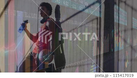 Image of data processing over african american man drinking water 115417019