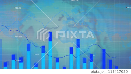 Image of interface with graphs and statistics with glowing world map on blue background Image of interface with graphs and statistics with glowing world map on blue background 115417020