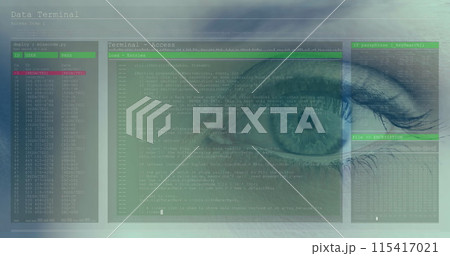 Image of woman's blue eye with fast scrolling digital information and white and green lines 115417021