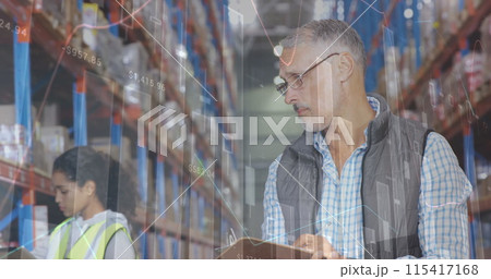 Image of data processing over people working in warehouse Image of data processing over people working in warehouse 115417168