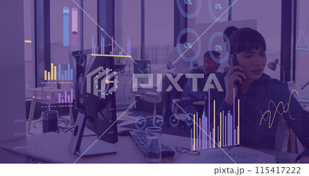 Image of financial data processing over biracial businesswoman in office 115417222