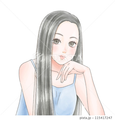 手描きイラスト 水彩原画 ロングヘアの女の子307 手描きイラスト 水彩