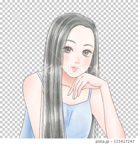 キャミソールを着た黒髪ロングの女の子 水彩風のイラスト素材