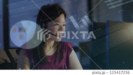 Image of data processing over biracial businesswoman working in office 115417256