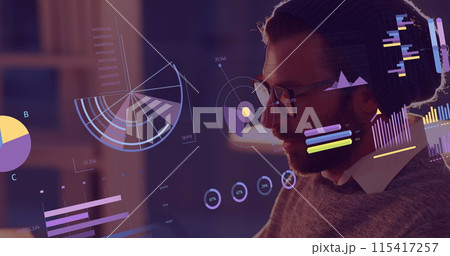 Image of financial data processing over biracial businessman using computer 115417257