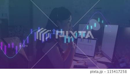Image of data processing over biracial businesswoman working in office 115417258