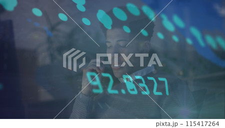 Image of data processing over biracial businessman working in office 115417264