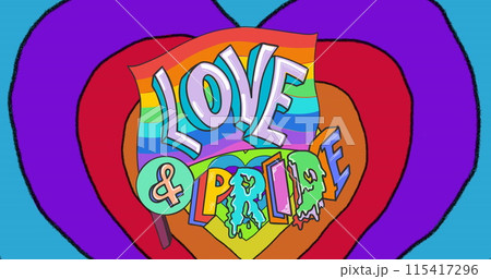 Image of love and pride text and rainbow hearts Image of love and pride text and rainbow hearts 115417296