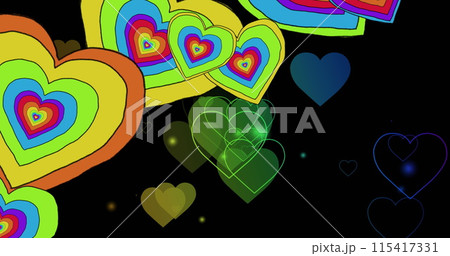 Image of rainbow hearts over black background 115417331