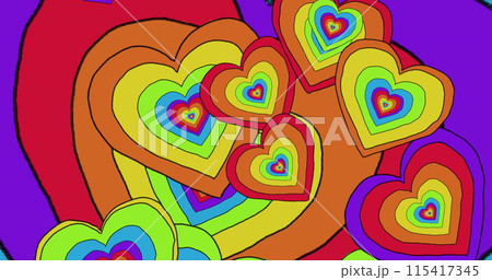 Image of rainbow hearts over rainbow background Image of rainbow hearts over rainbow background 115417345