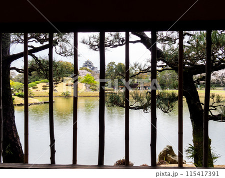 春の岡山 後楽園の趣深い景色 五十三次腰掛茶屋から見た沢の池 春の岡山 後楽園の趣深い景色 五十三次腰掛茶屋から見た沢の池 115417391