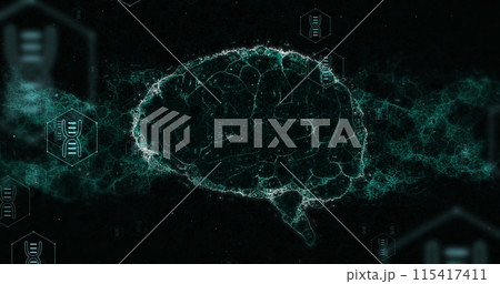 Image of human brain and dna strand over data processing Image of human brain and dna strand over data processing 115417411
