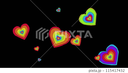 Image of rainbow hearts over black background 115417432