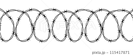 Barbed wire twisted barrier gothic steel boundary, silhouette guard fence, protection isolated on white background. Design element for military, secure object, prison.  115417871