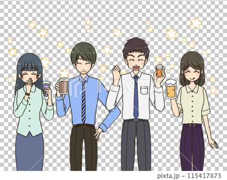 Smiling adults holding drinks after work Smiling adults holding drinks after work 115417873