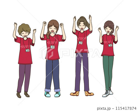両手を上げて喜ぶ女性イベントスタッフセット 115417874