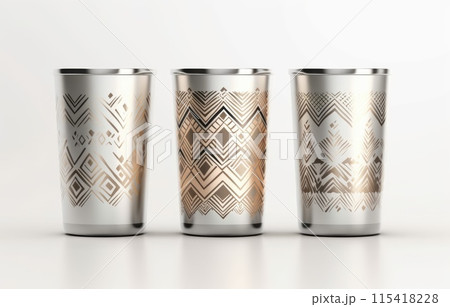 Mock up Realistic Metallic Tumbler Packaging with ethnic pattern on White Background. Food and Drink Concept Product 115418228