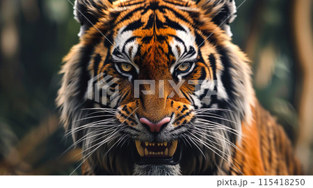 怒って牙をむいて威嚇をするトラの顔 115418250