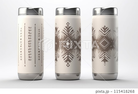 Mock up Realistic Metallic Tumbler Packaging with ethnic pattern on White Background. Food and Drink Concept Product Concept Mock up Realistic Metallic Tumbler Packaging with ethnic pattern on White Background. Food and Drink Concept Product Concept 115418268