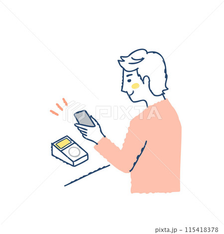 スマートフォンでキャッシュレス決済をする男性 スマートフォンでキャッシュレス決済をする男性 115418378
