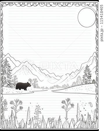Sheet template for notebook, dinosaurs in the forest, Cartoon, notepad, diary. Lined paper. Cute character. 115418405