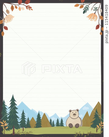 Sheet template for notebook, cute animals in the forest, Cartoon, notepad, diary. Lined paper. Cute character. Sheet template for notebook, cute animals in the forest, Cartoon, notepad, diary. Lined paper. Cute character. 115418409