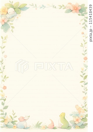 Jungle scrapbook page with cute dinosaur in corner, Forest with dinosaurs and foliage, for kids. Jungle scrapbook page with cute dinosaur in corner, Forest with dinosaurs and foliage, for kids. 115418439