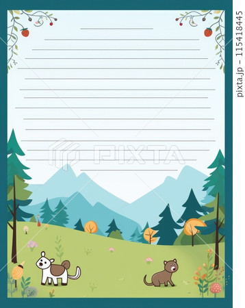 Sheet template for notebook, cute animals in the forest, Cartoon, notepad, diary. Lined paper. Cute character. Sheet template for notebook, cute animals in the forest, Cartoon, notepad, diary. Lined paper. Cute character. 115418445