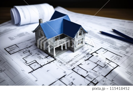 Architectural blueprints and a drawing instruments on the worktable, black and white. Architectural blueprints and a drawing instruments on the worktable, black and white. 115418452