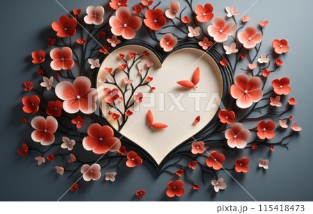 Paper cut of Happy Valentine Day, heart with origami paper heart shape on pastel color background for greeting card, banner, poster. 115418473