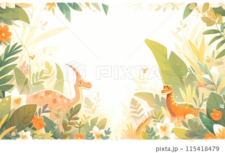 Jungle scrapbook page with cute dinosaur in corner, Forest with dinosaurs and foliage, for kids. Jungle scrapbook page with cute dinosaur in corner, Forest with dinosaurs and foliage, for kids. 115418479