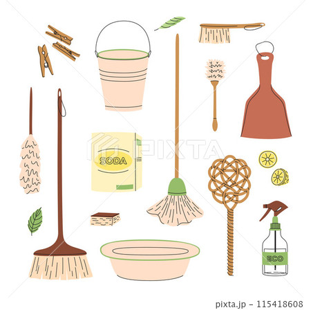 Eco-friendly cleaning products set. Mops and brushes. Organic natural ecological cleaners. Green housework stuff. Flat vector illustration Eco-friendly cleaning products set. Mops and brushes. Organic natural ecological cleaners. Green housework stuff. Flat vector illustration 115418608