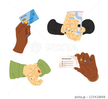 Hands of men with monochrome geometric nails design. Vector illustration. Male manicure concept. Paper cup in hands. 115418609