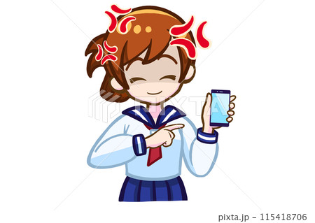 スマホを持って怒る笑顔の女子学生 115418706