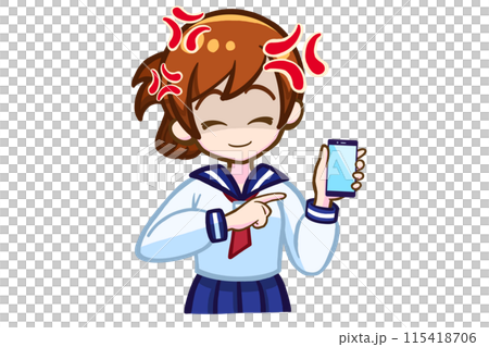 スマホを持って怒る笑顔の女子学生 115418706