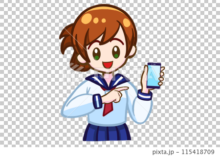 A smiling female student holding a smartphone and pointing 115418709