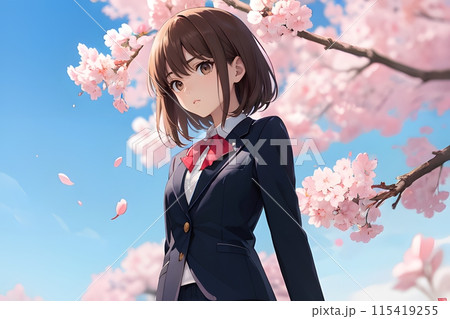 満開の桜の花と制服の女の子 のイラスト素材 [115419255] - PIXTA