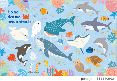 水族館　海の生き物　手描きイラスト素材セット(ブルー) 115419698