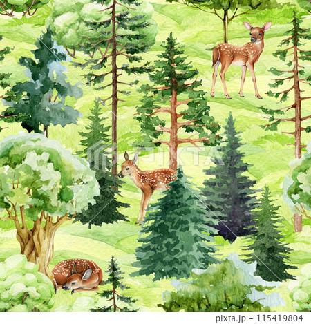 Reindeers in the forest seamless pattern. Watercolor vintage style illustration. Hand drawn deer animals in the woodland. Wildlife animals in the mix forest seamless pattern Reindeers in the forest seamless pattern. Watercolor vintage style illustration. Hand drawn deer animals in the woodland. Wildlife animals in the mix forest seamless pattern 115419804