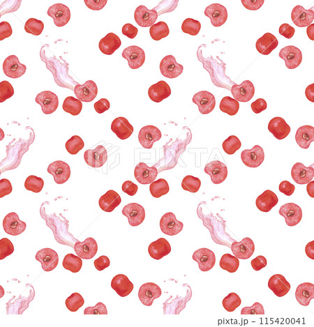 Hand drawn watercolor ripe cherries with juice splashes seamless pattern isolated on white background. Can be used for textile, fabric, scrapbook and other printed products. 115420041