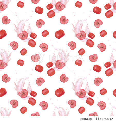 Hand drawn watercolor ripe cherries with juice splashes seamless pattern isolated on white background. Can be used for textile, fabric, scrapbook and other printed products. Hand drawn watercolor ripe cherries with juice splashes seamless pattern isolated on white background. Can be used for textile, fabric, scrapbook and other printed products. 115420042