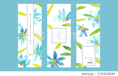 水彩画。水彩タッチの青い花と草木のベクターイラスト。夏の爽やかな植物イラスト背景フレーム。 115420084