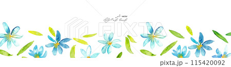 水彩画。水彩タッチの青い花と草木のベクターイラスト。夏の爽やかな植物イラスト背景フレーム。 水彩画。水彩タッチの青い花と草木のベクターイラスト。夏の爽やかな植物イラスト背景フレーム。 115420092