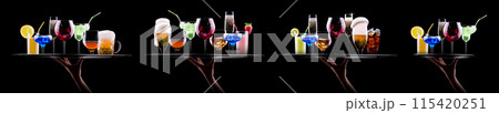 Hand holding tray with different alcohol cocktails isolated on black background 115420251