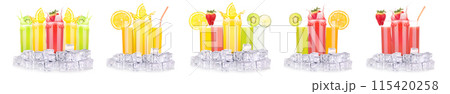 tasty summer fruit drinks in glass with splash 115420258