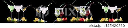 Different alcohol cocktails like beer, martini, soda, champagne, whiskey 115420260