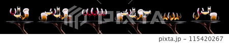 Hand holding tray with different alcohol cocktails isolated on black background 115420267