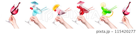 Set of hands offering cocktails like beer, martini, soda, champagne, whiskey Set of hands offering cocktails like beer, martini, soda, champagne, whiskey 115420277